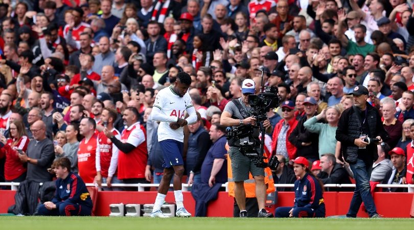 Emerson Royal walks off after his red card in Tottenham&#039;s 3-1 defeat to Arsenal.