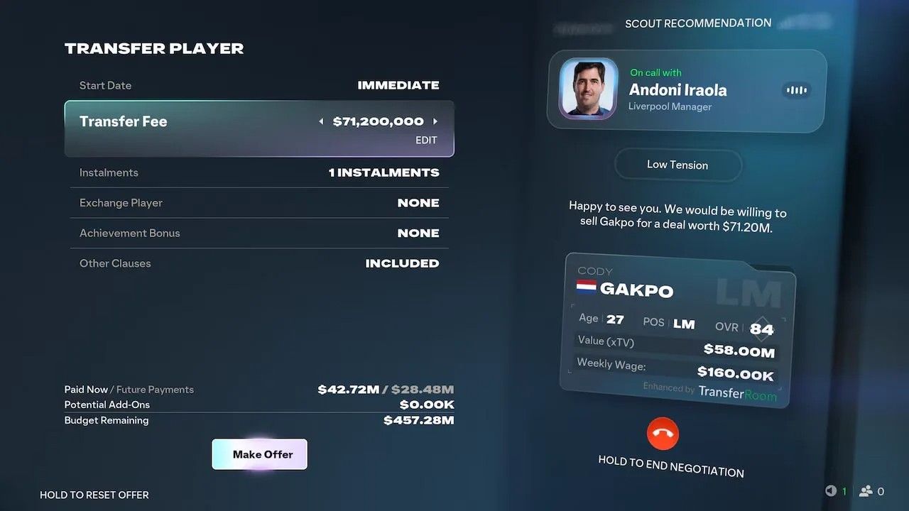 The redesigned transfer negotiation interface in EA Sports FC 27