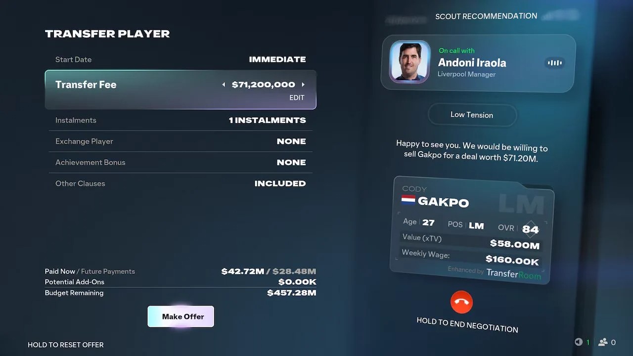 The redesigned transfer negotiation interface in EA Sports FC 27