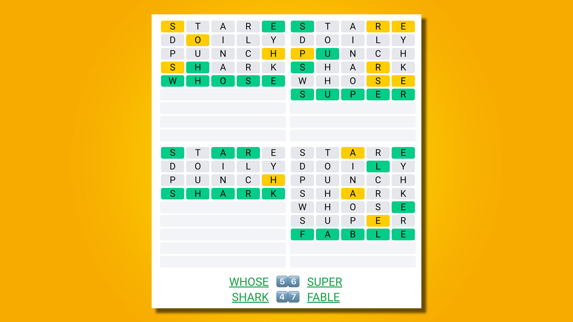 Quordle 433 respuestas sobre un fondo amarillo