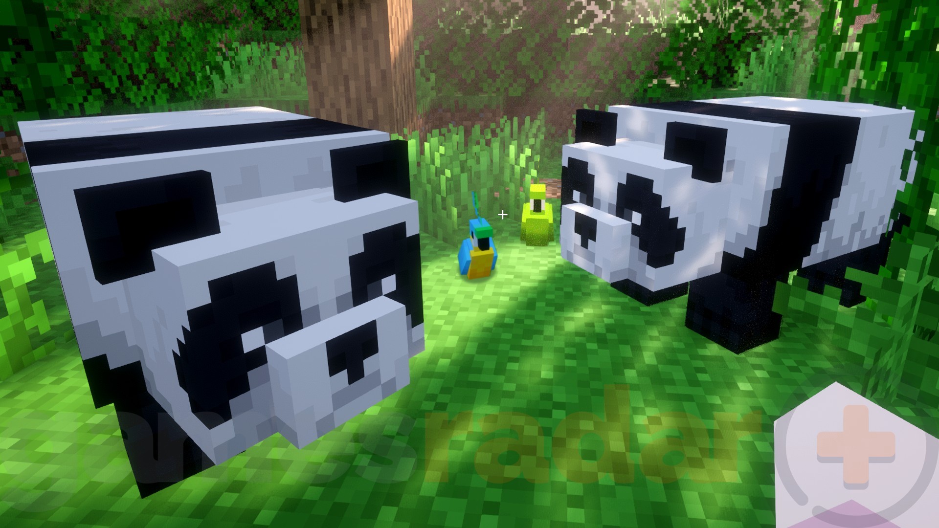 Two pandas and two parrots, examples of passive Minecraft mobs, stand in a jungle biome