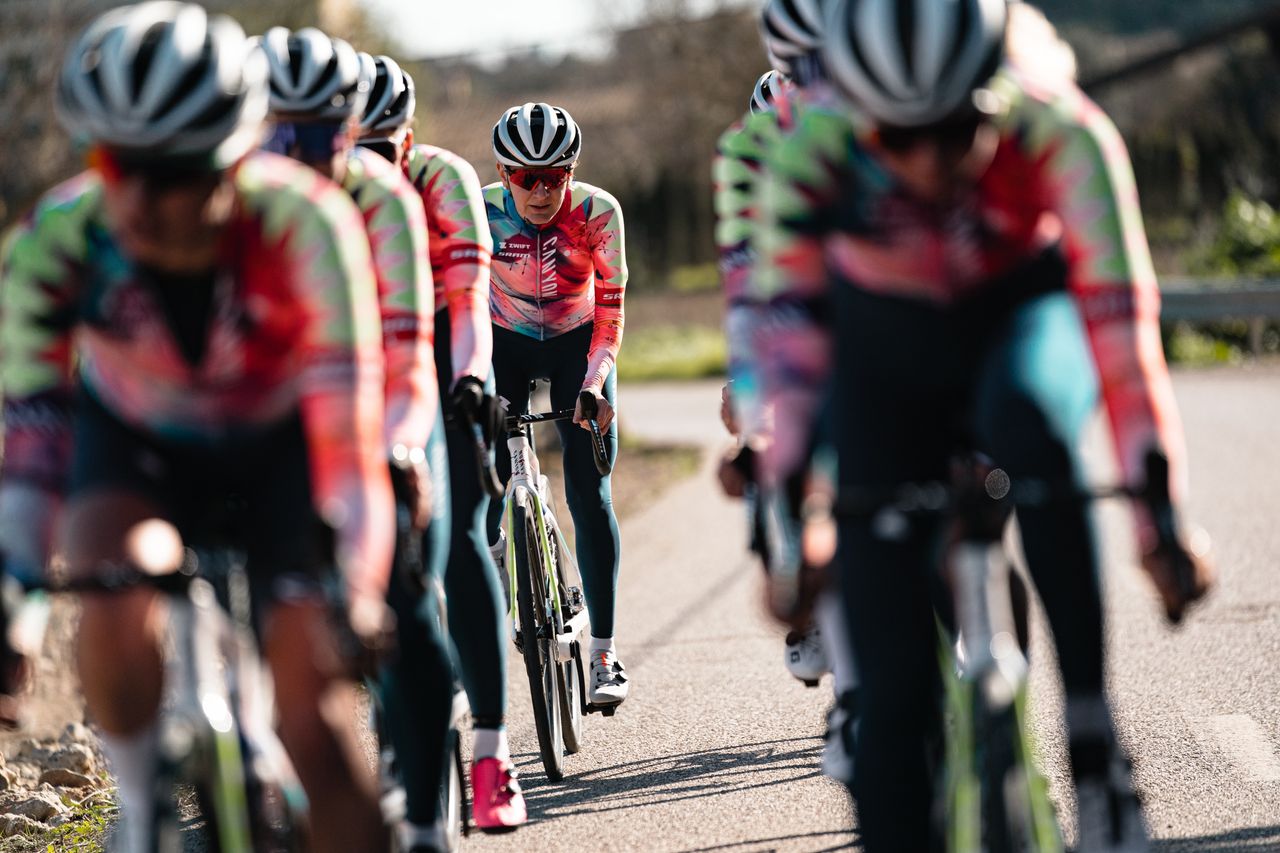 Canyon-SRAM Racing riders in new kits by Canyon at 2022 camp in Spain