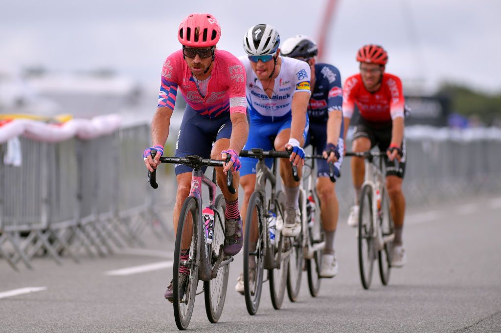 PLOUAY FRANCE AUGUST 25 Mitchell Docker of Australia and Team EF Pro Cycling Stijn Steels of Belgium and Team Deceuninck QuickStep during the 84th Bretagne Classic OuestFrance 2020 a 2478km race from Plouay to Plouay GrandPrixPlouay GPPlouay on August 25 2020 in Plouay France Photo by Luc ClaessenGetty Images