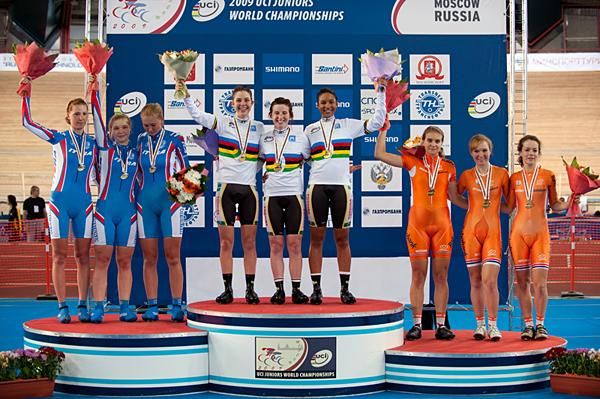 The women's team pursuit podium (l-r): Italy, Australia and the Netherlands.