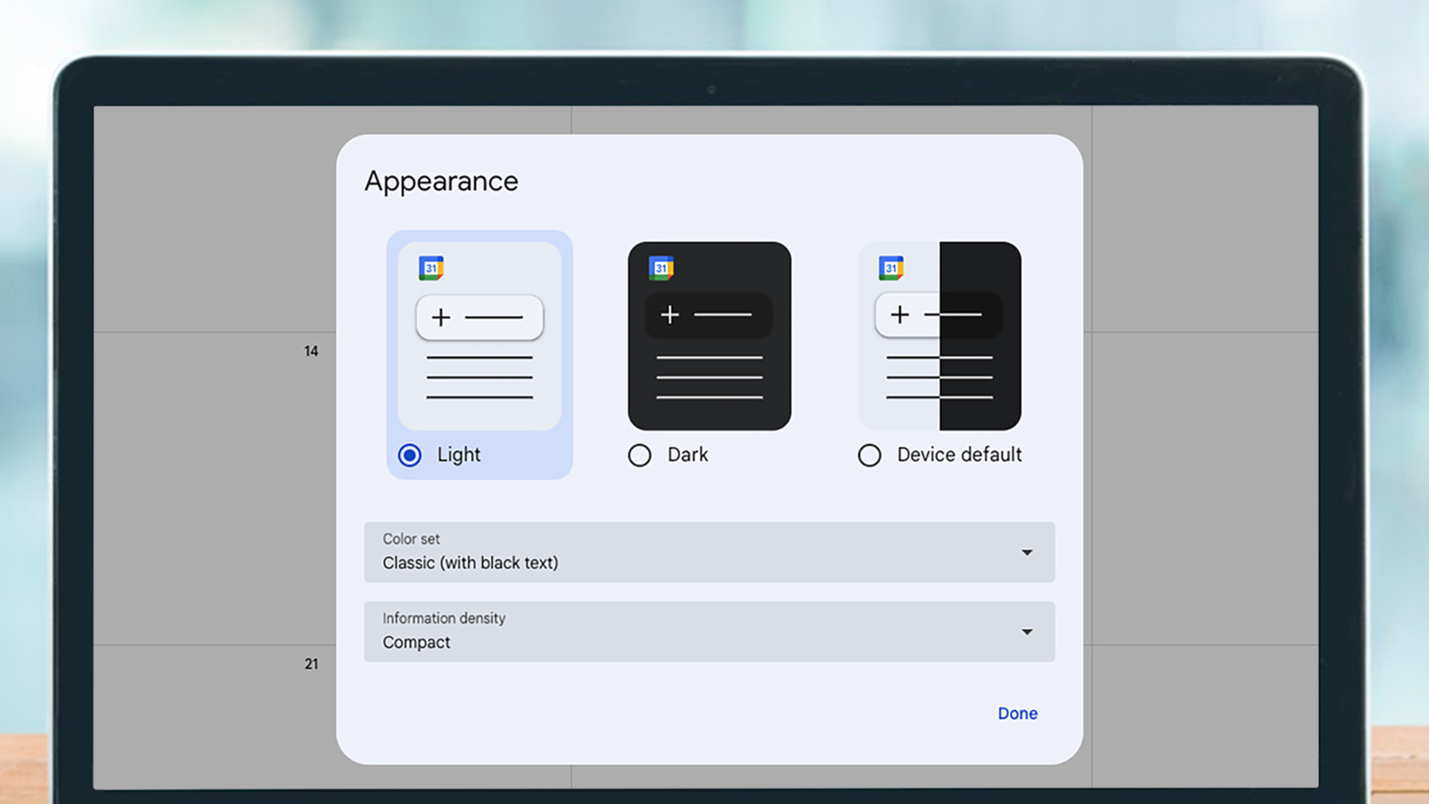 A laptop screen showing the Appearance box in Google Calendar