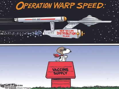 Editorial Cartoon U.S. COVID vaccine warp speed snoopy