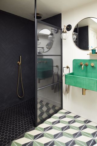 small bathroom layout ideas graphic floor tiles green sink