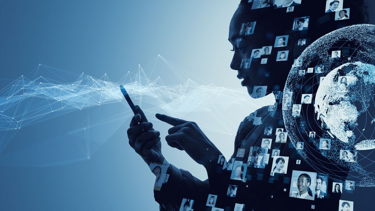 Woman holding phone with network graphics superimposed