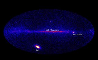 This image from Fermi's Large Area Telescope (LAT) shows how the entire sky looked on March 7, 2012 in the light of gamma rays with energies beyond 100 million electron volts (MeV). While the Vela pulsar is the brightest continuous LAT source, it was outmatched this day by the X5.4 solar flare, which brightened the gamma-ray sun by 1,000 times.