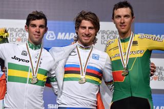 The men's road race podium of Michael Matthews (Australia), Peter Sagan (Slovakia) and Ramunas Navardauskas (Lithuania). It was the first time all three had made the podium in the elite race