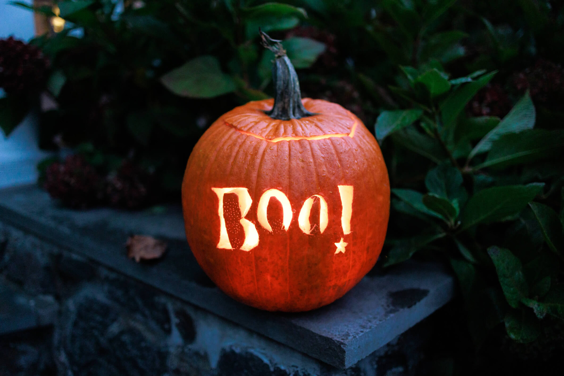 A pumpkin with Boo! carved into it 