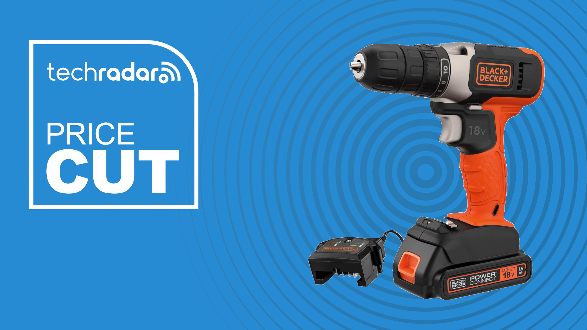 Black + Decker drill on a blue background