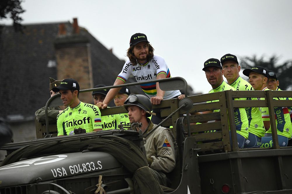 Peter Sagan enjoys his ride to the Tour de France team presentation.