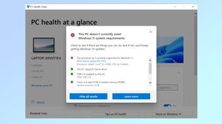 A screenshot from Microsoft's PC Health Check app showing a PC that isn't eligible for Windows 11