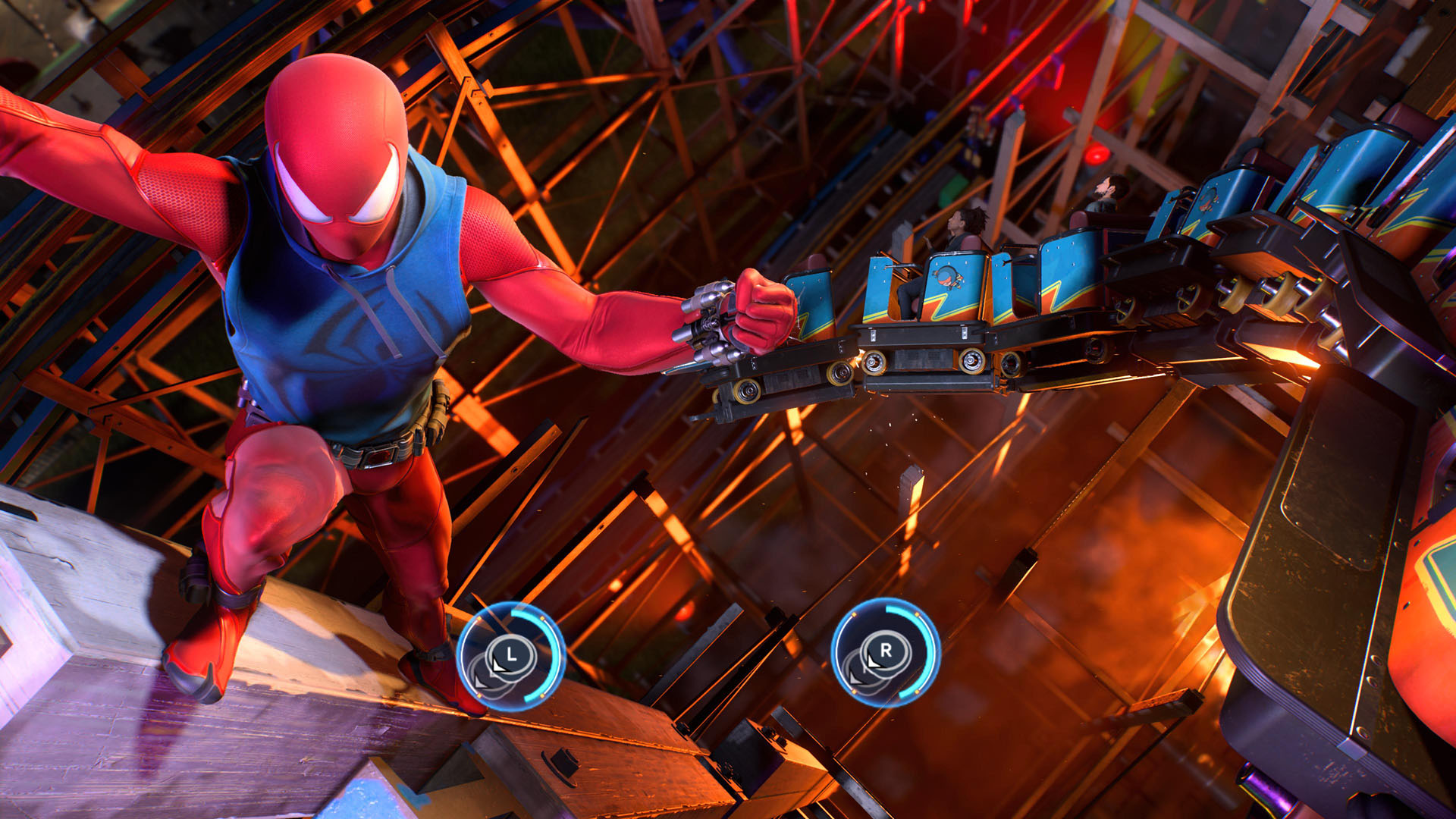 Peter performs a QTE to save a crashing rollercoaster in Marvel's Spider-Man 2