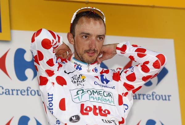 Jelle Vanendert dons another polka dot jersey.