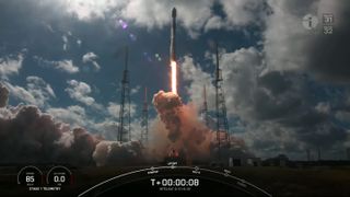 A SpaceX Falcon 9 rocket launches two Intelsat spacecraft from Cape Canaveral Space Force Station on Nov. 12, 2022. It was the record-tying 14th liftoff this Falcon 9's first stage.