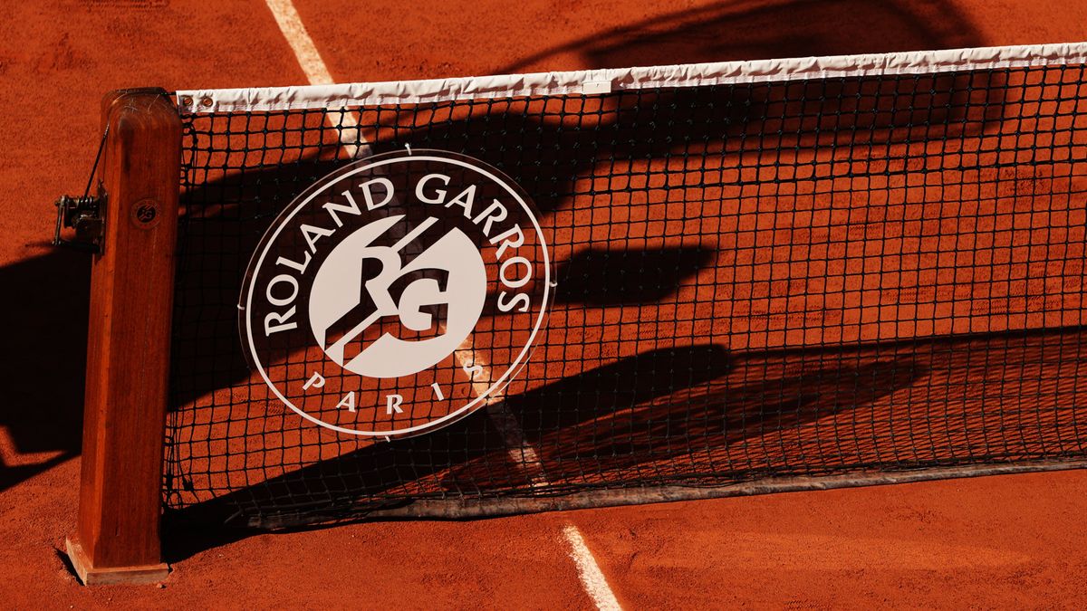 Tennis net with Roland Garros logo for the French Open 2022