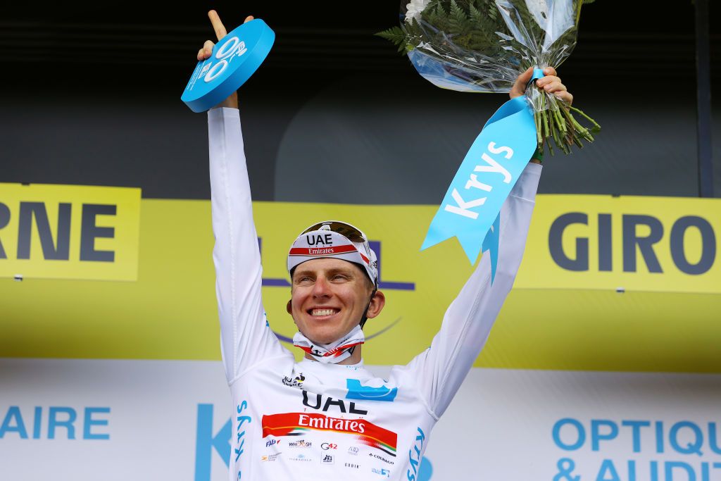LIBOURNE FRANCE JULY 16 Tadej Pogaar of Slovenia and UAETeam Emirates white best young jersey celebrates at podium during the 108th Tour de France 2021 Stage 19 a 207km stage from Mourenx to Libourne LeTour TDF2021 on July 16 2021 in Libourne France Photo by Tim de WaeleGetty Images