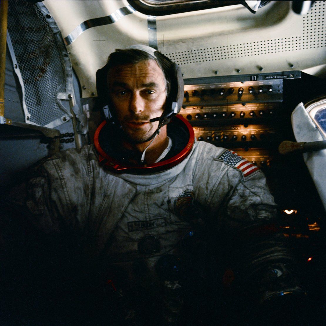 Eugene Cernan returned to the lunar module covered with moon dust.