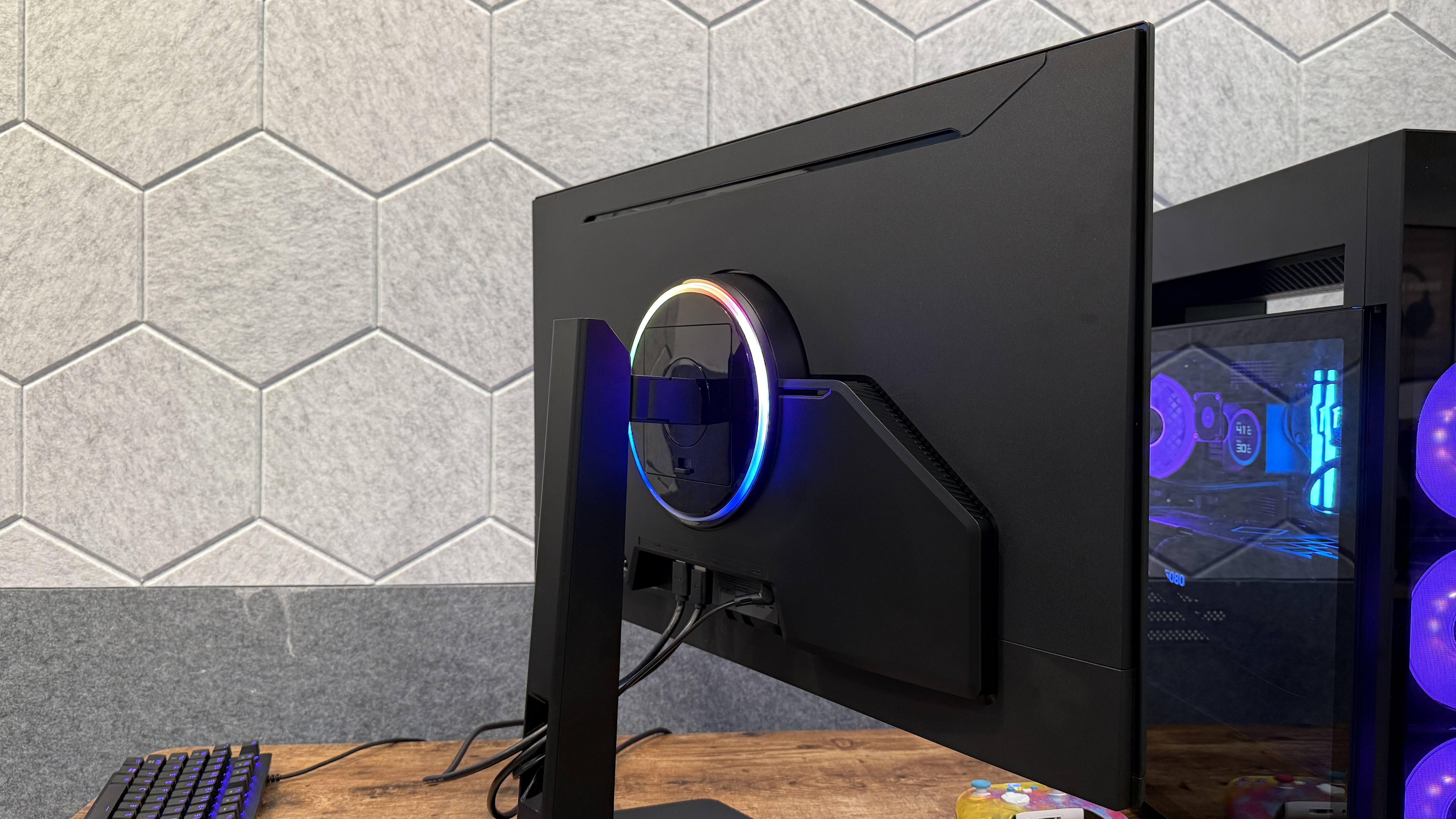 The backside of the Samsung Odyssey G8 (G80HS) showing off its RGB light ring