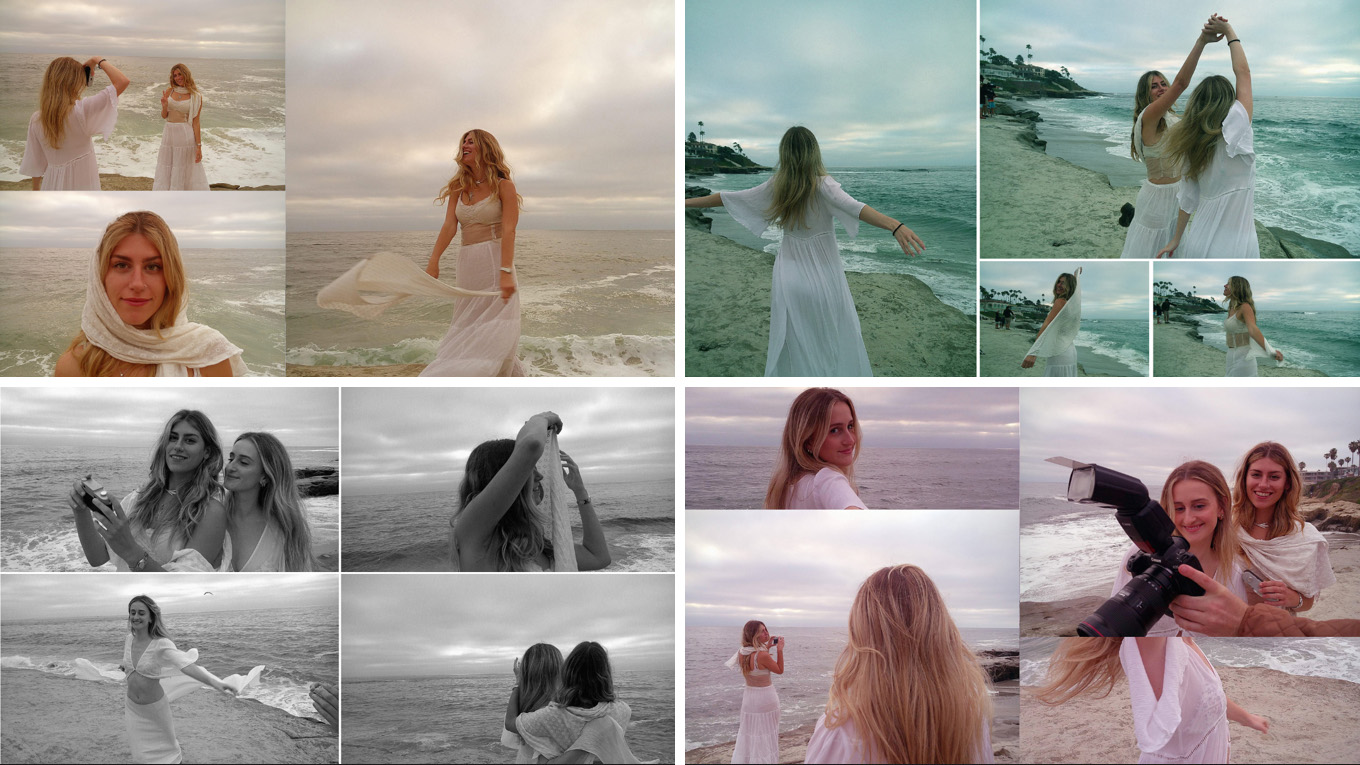Four sets of sample images from Echolens showing the camera's film types: Dreamroll (top-left), Kodagrain (top-right), B&W (bottom-left), Rosebyte (bottom-right)