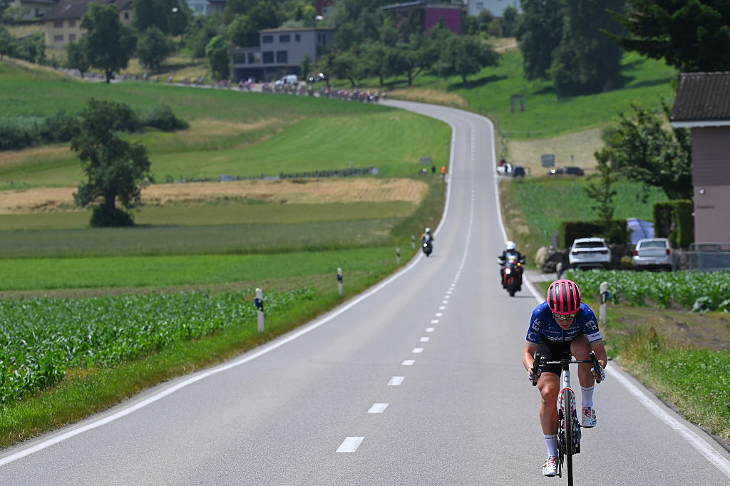 KUSSNACHT, SWITZERLAND - JUNE 14: Kristen Faulkner of The United States and Team EF Education-Oatly competes in the breakaway during the 5th Tour de Suisse Women 2025, Stage 3 a 123.1km stage from Oberkirch to Kussnacht / #UCIWWT / on June 14, 2025 in Kussnacht, Switzerland. (Photo by Tim de Waele/Getty Images)