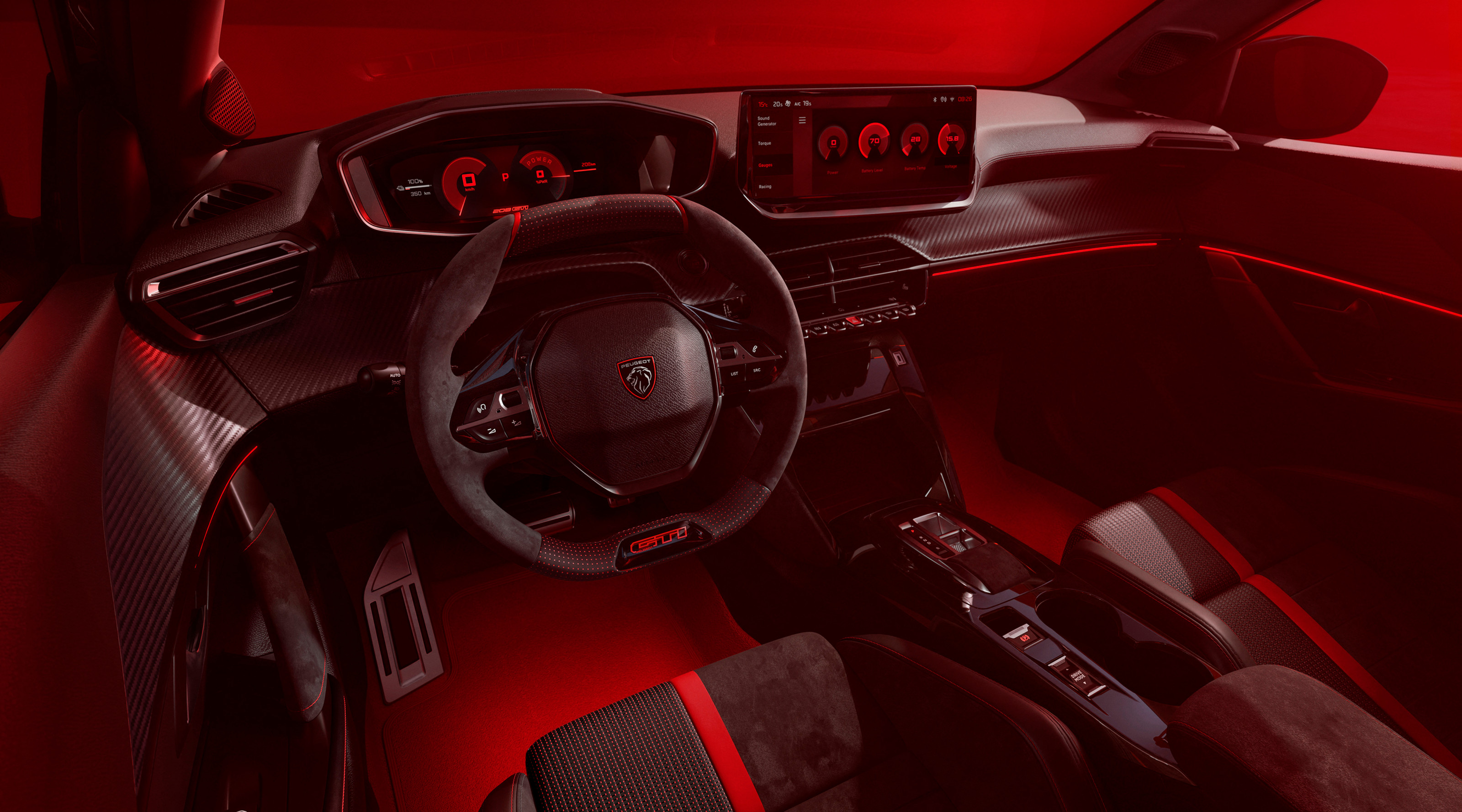 The Peugeot E-208 GTi's sporty interior is all 80s