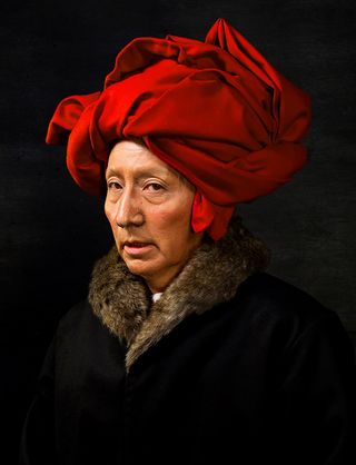 Self-Portraits through Art History (Van Eyck in a Red Turban), 2016, by Yasumasa Morimura