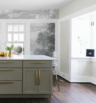 monochrome tree wallpaper in modern kitchen