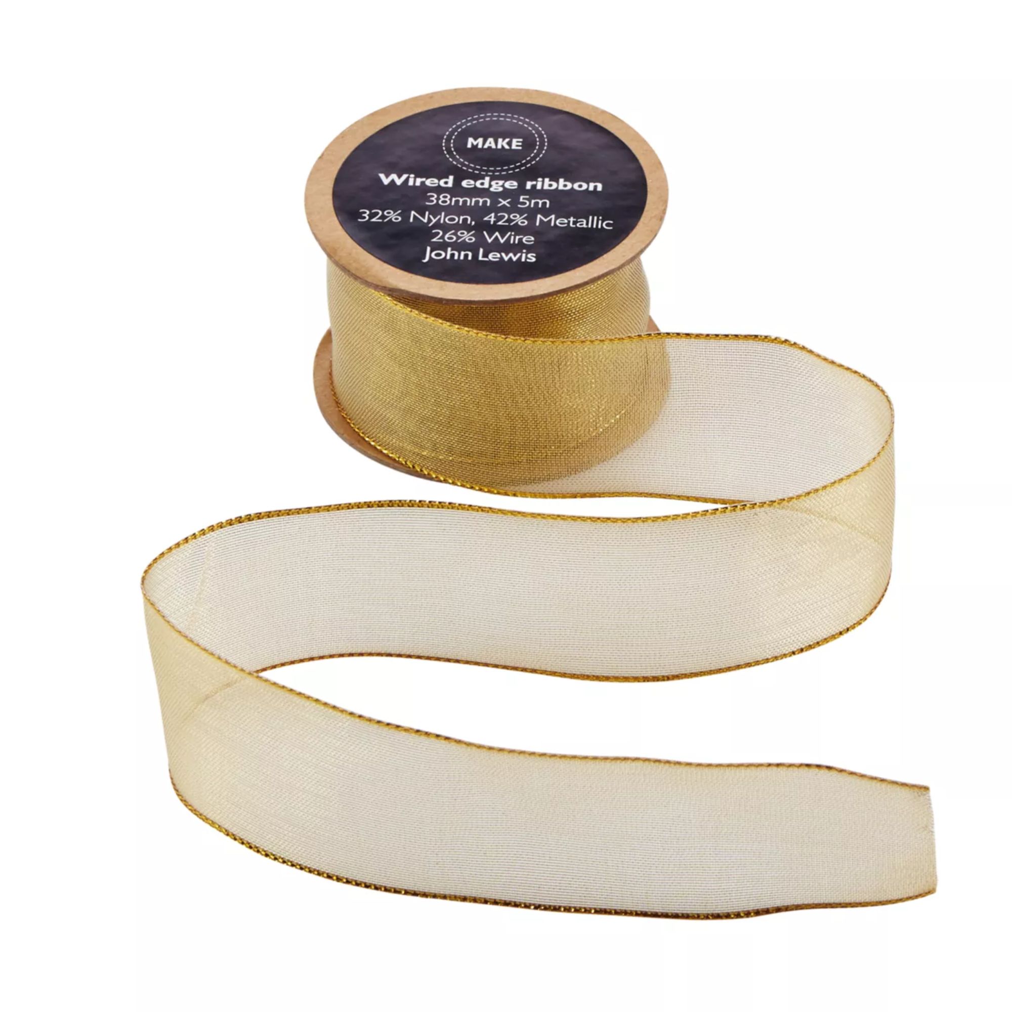 John Lewis Wired Ribbon, 5m, Gold, 38mm