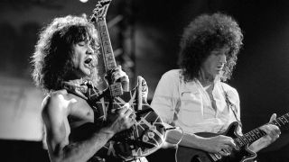 A composite photo of Eddie Van Halen and Brian May playing live