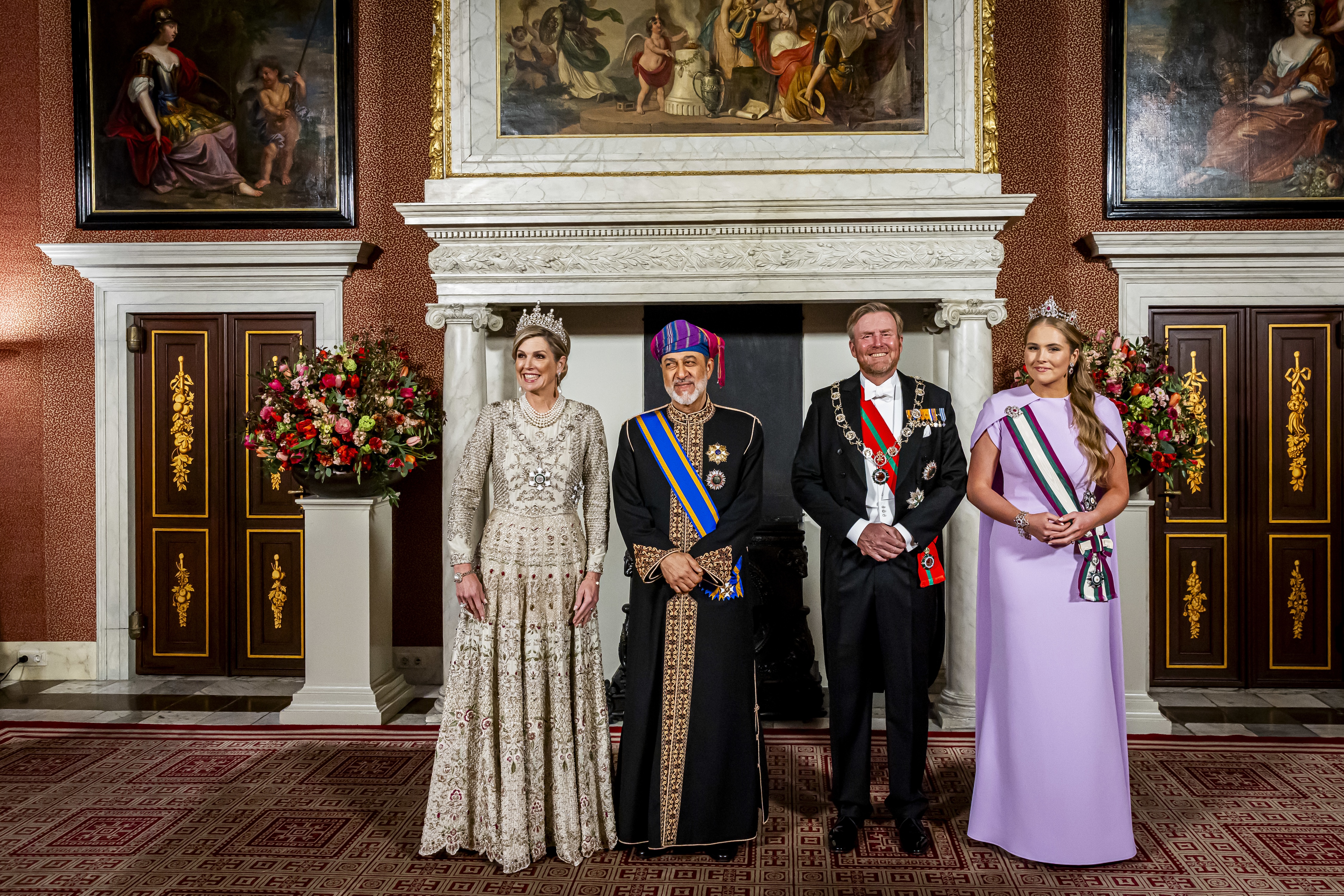 Queen Maxima of The Netherlands, Sultan Haitham bin Tarik, King Willem-Alexander of The Netherlands and Princess Amalia of The Netherlands attend a state banquet at the Royal Palace at the start of the Sultan's state visit on April 15, 2025 in Amsterdam, Netherlands