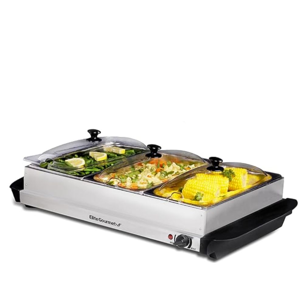 Food warming buffet with three sections
