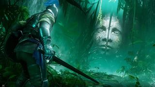 Amazon New World Aeternum; a knight walks towards a giant stone head in a jungle