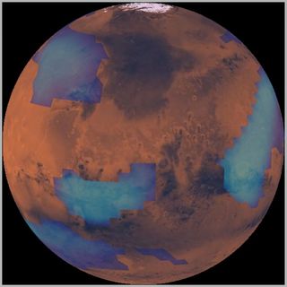 A computer simulation shows middle-altitude clouds on Mars.