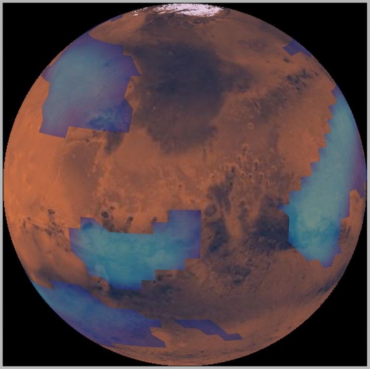 A computer simulation shows middle-altitude clouds on Mars.