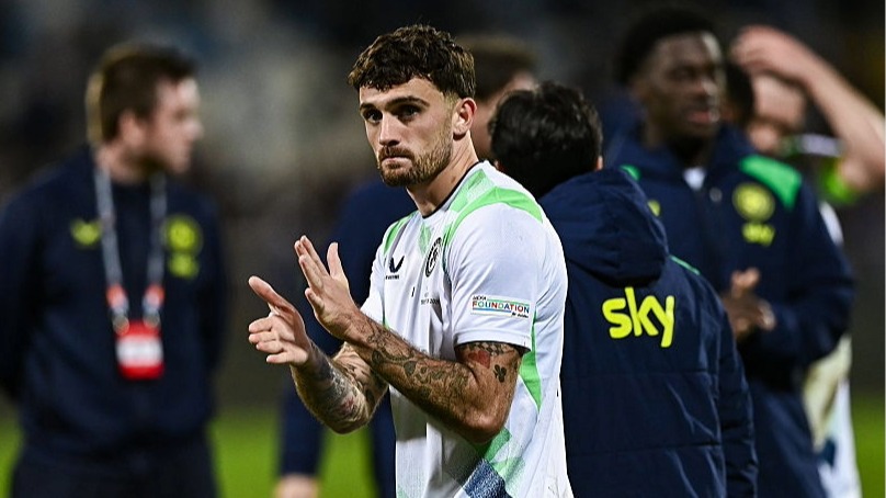 The Republic of Ireland's Troy Parrott applauds the fans after defeat in the Nations League 2026/27