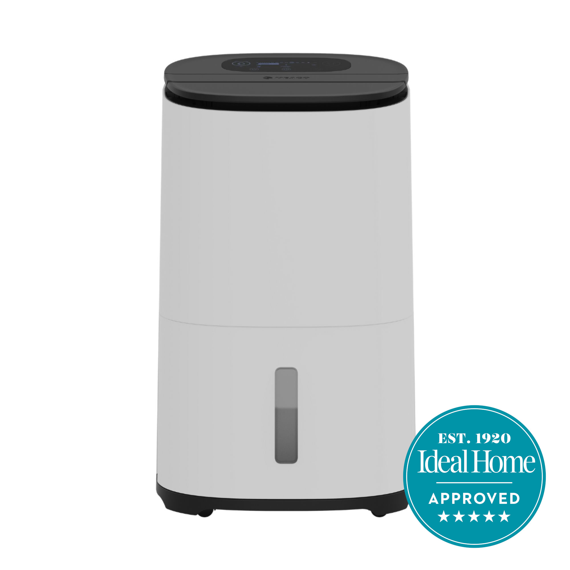 meaco arete two dehumidfiier on white background with Ideal Home approved badge