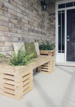 wooden planter bench on patio by Brittany Stager