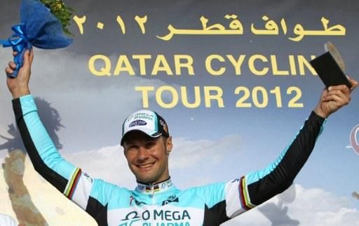 Tom Boonen (Omega Pharma-Quickstep) on the podium after winning stage 1 in Qatar