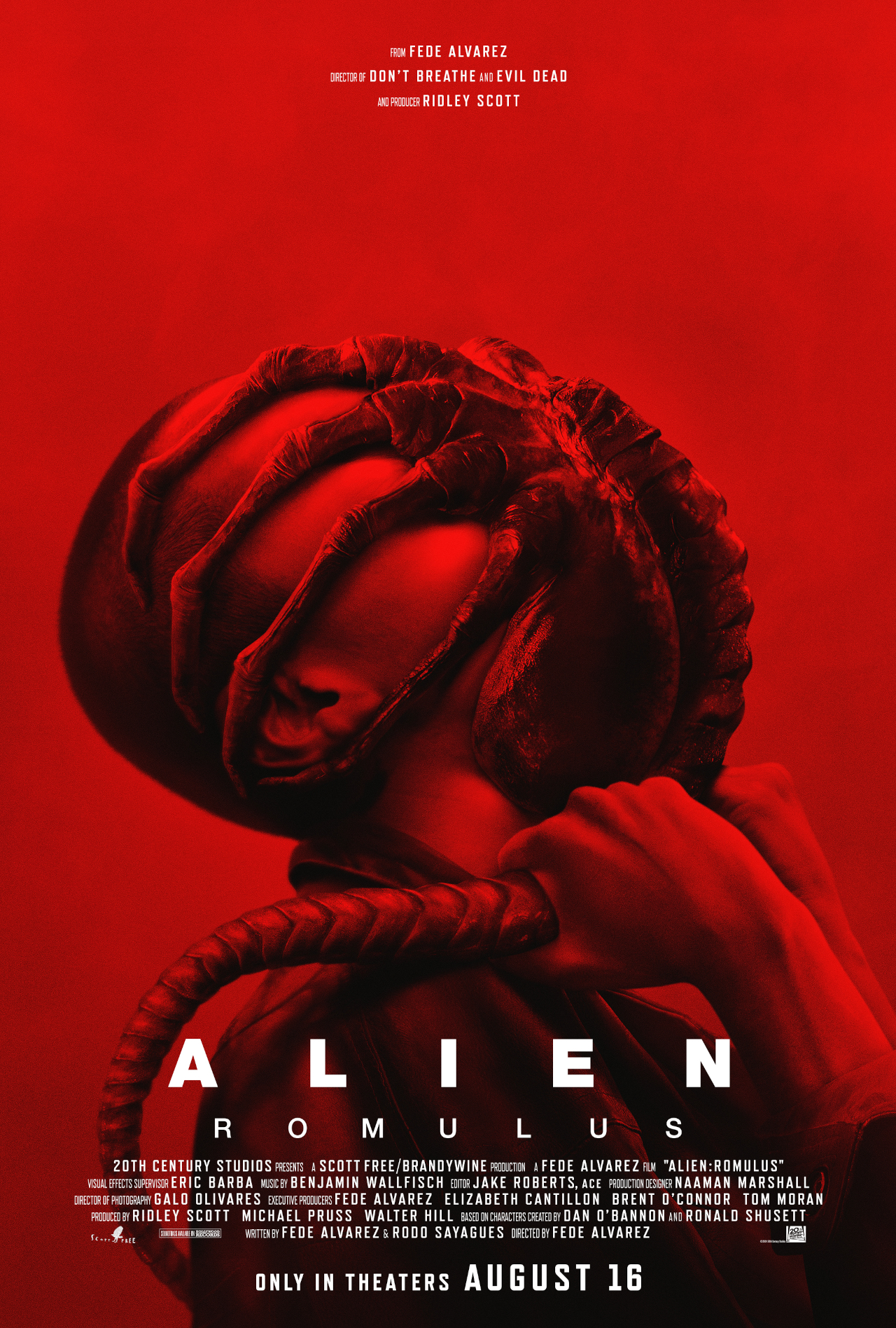 A person's face obscured by a Facehugger on the Alien: Romulus poster.