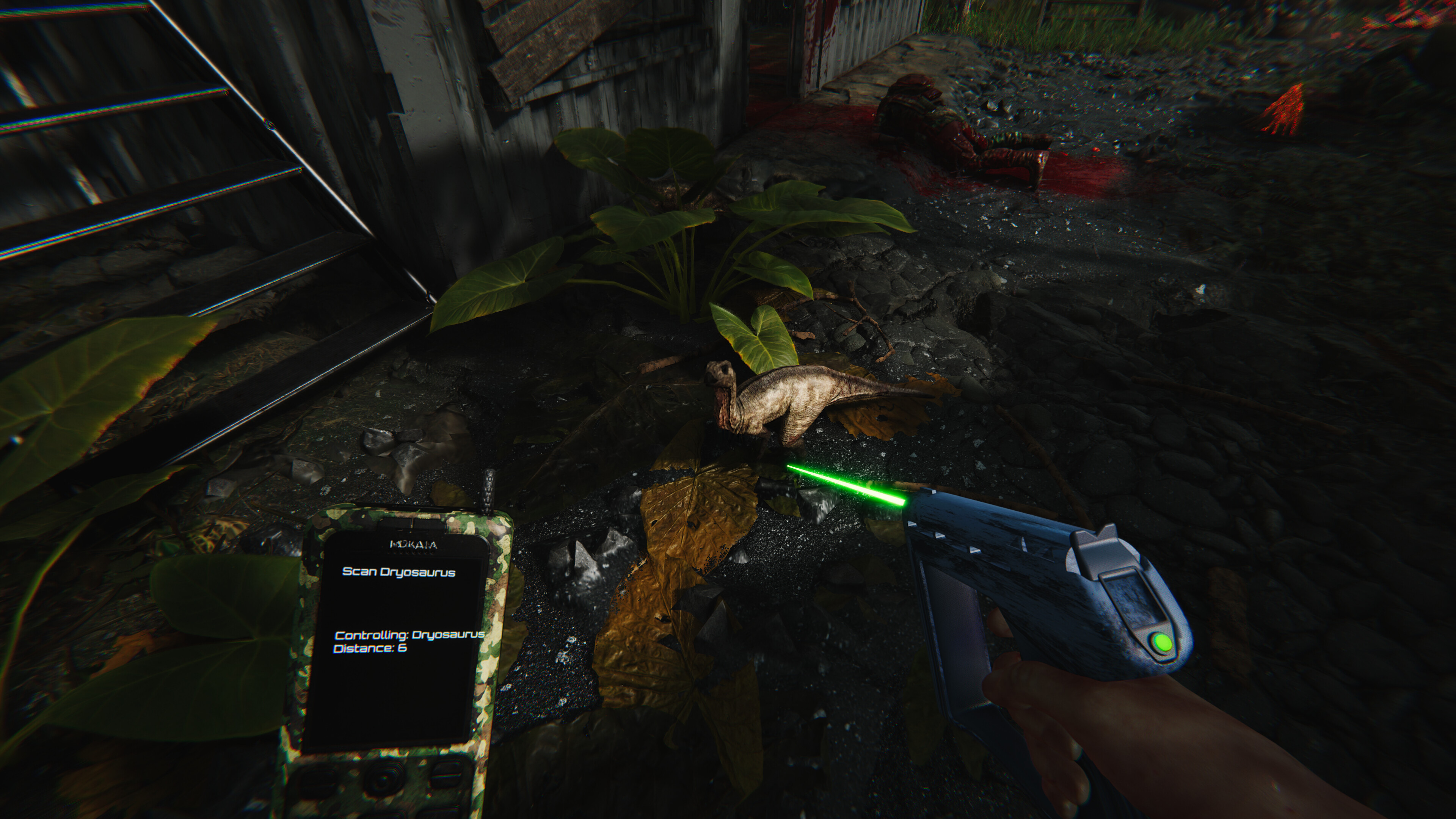 Ferocious gameplay showing the player scanning a tiny baby dinosaur