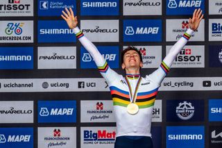 Picture by Chris AuldSWpixcom 29092024 2024 UCI Road and Paracycling Road World Championships Zurich Switzerland Mens Elite Road Race Tadej Pogaar Slovenia on the podium receiving the Gold Medal and becoming World Champion