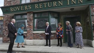Queen Elizabeth II meets actors (left to right) William Roache, Barbara Knox, Sue Nicholls and Helen Worth, during a visit to the set of Coronation Street at the ITV Studios, Media City UK, Manchester.