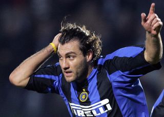 Christian Vieri celebrates after scoring for Inter against Siena in December 2004.