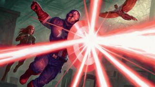 Captain America deflects an energy blast using his shield while Black Widow and Falcon move in the background