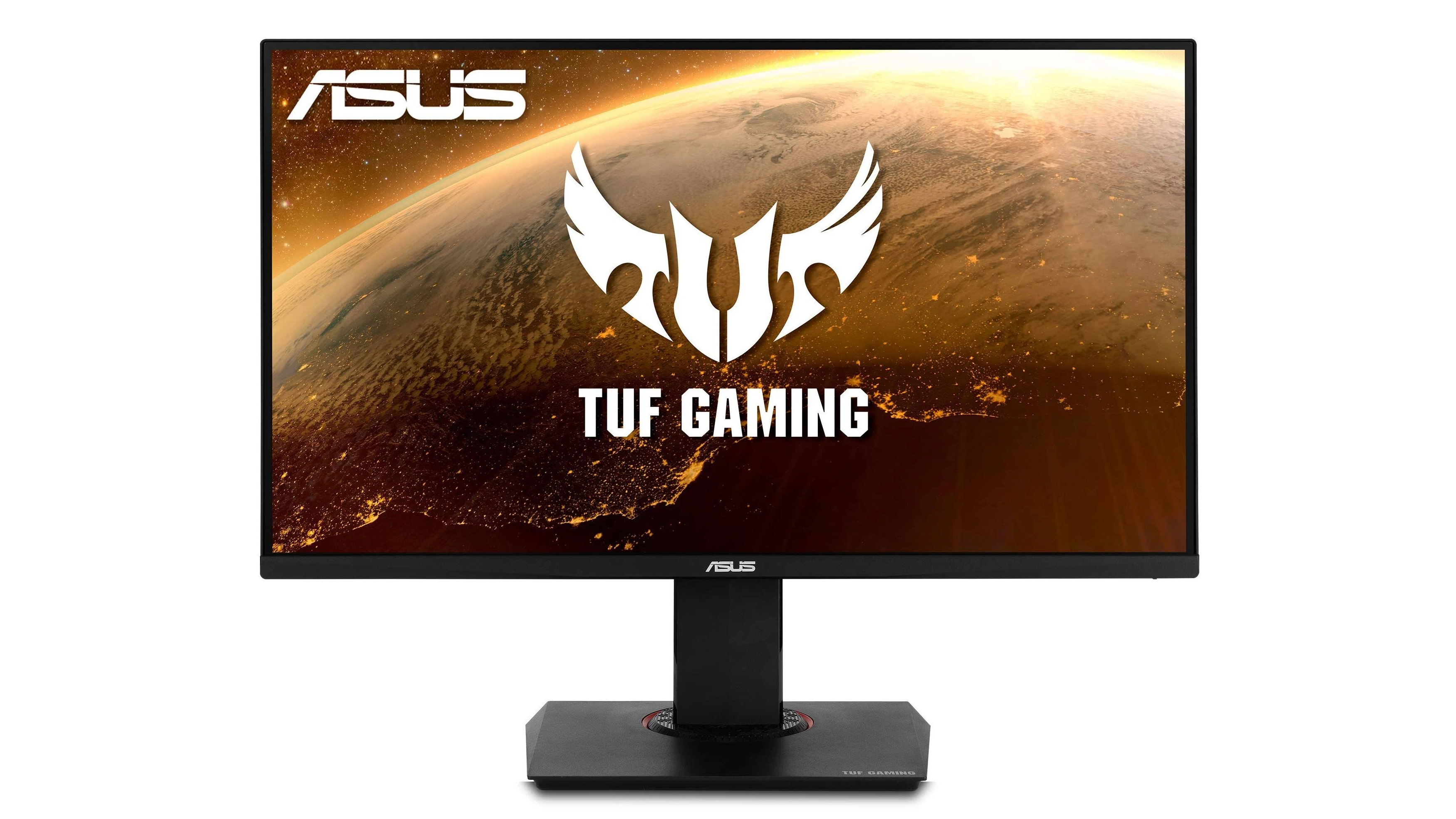 Asus TUF Gaming VG289Q med tændt skærm på hvid baggrund