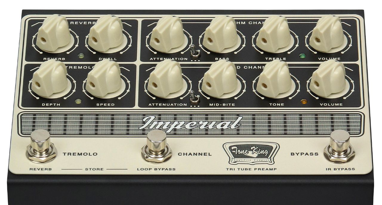 Tone King Imperial Preamp: this high-end all-tube preamp pedal offers two channels, includes reverb, tremolo and attenuation, and has onboard CabSims/IR tech.