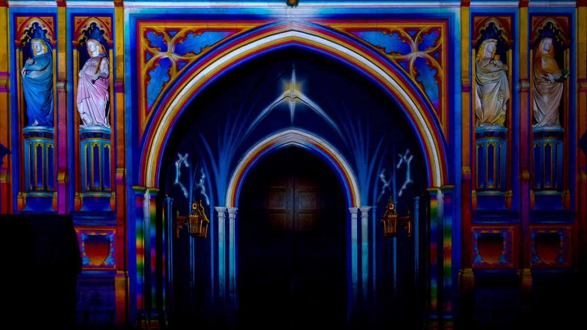 The Light of the Spirit, by Patrice Warrener, has been projected onto of Westminster Abbey